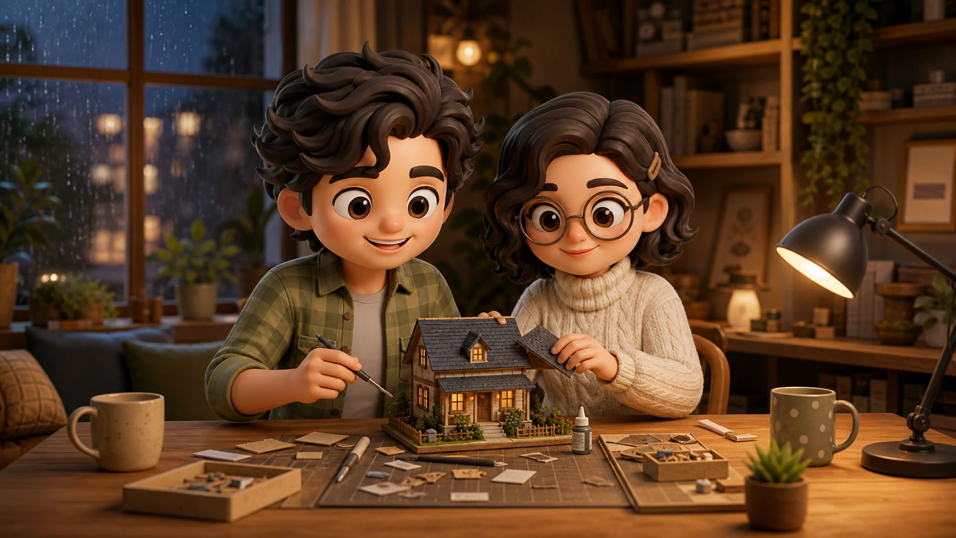 Aadi and Mira building a miniature home together on a rainy evening